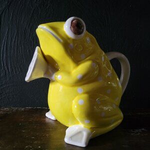 Vintage 1970’s Whimsical Frog Watering Pitcher Yellow With White Polka Dots